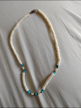 White Shell Bead Necklace with Turquoise Accents